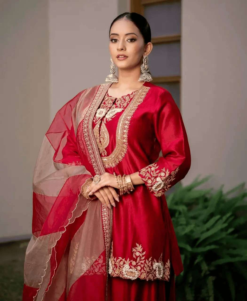 Women's Chinon Silk Sequence Embroidery Work Straight Kurti With Sharara Suit and Dupatta Set - Image 3