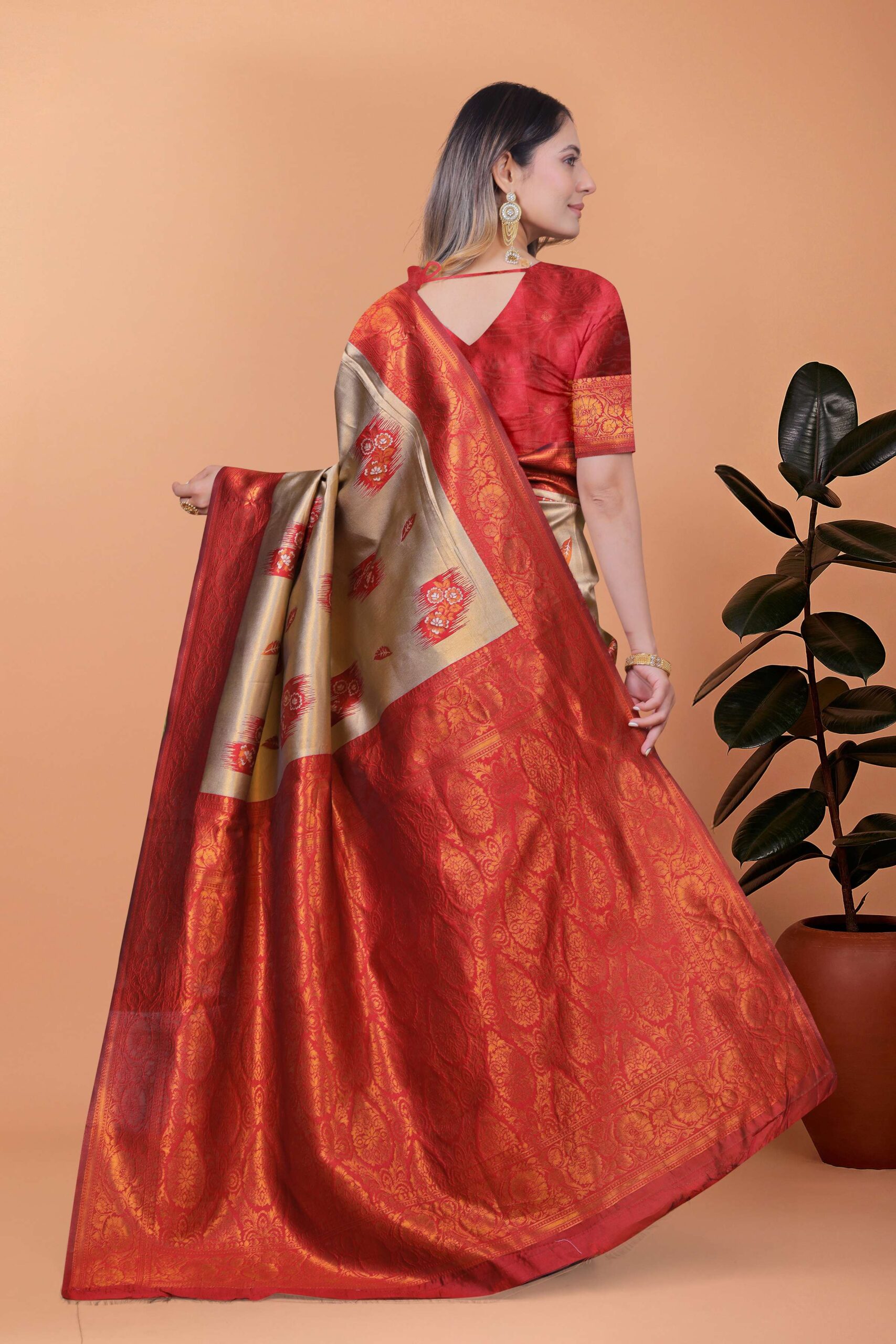 Elegant Beige-Gold Banarasi Silk Saree with Rust-Red Zari Border & Blouse | Wedding, Festival & Party Ethnic Wear - Image 3