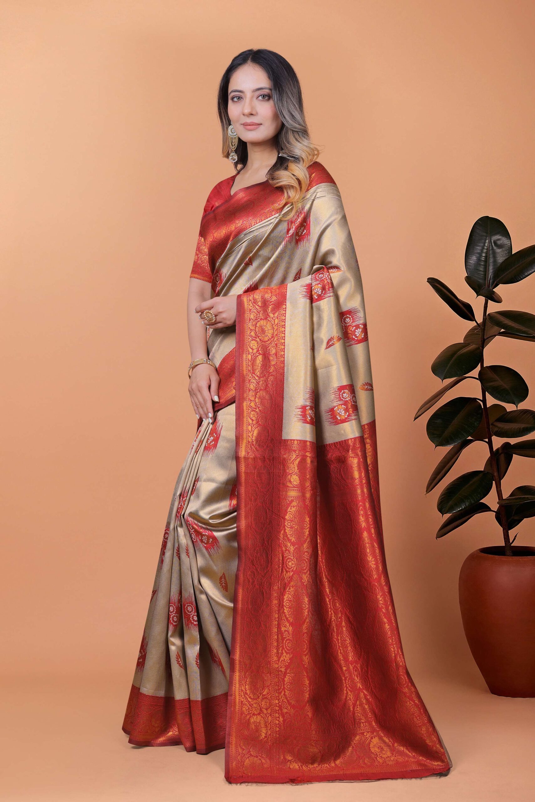 Elegant Beige-Gold Banarasi Silk Saree with Rust-Red Zari Border & Blouse | Wedding, Festival & Party Ethnic Wear - Image 4