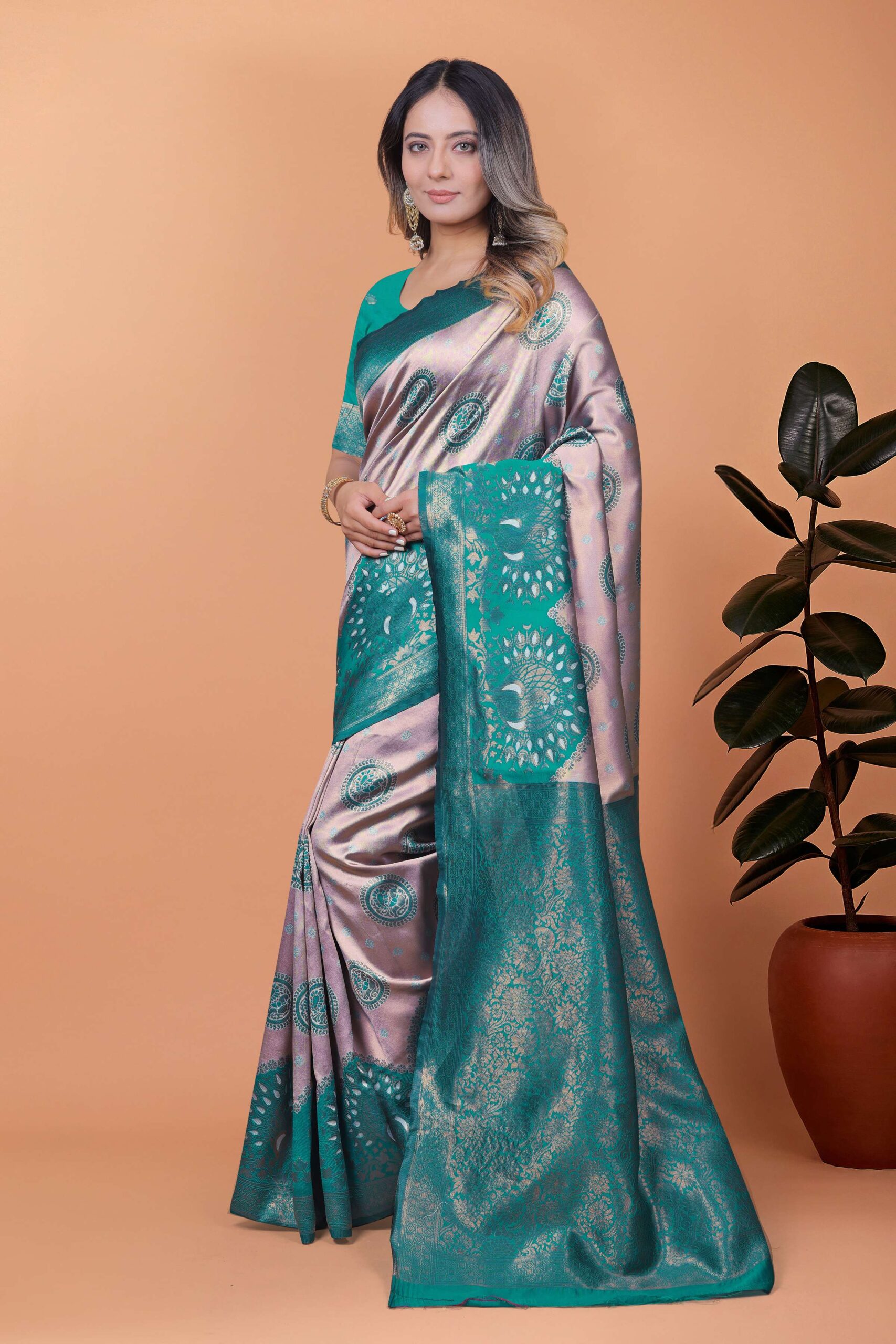 Emerald Elegance Banarasi Silk Saree with Lavender Base, Green Zari Border & Peacock Motifs | Wedding, Festive & Traditional Wear - Image 4